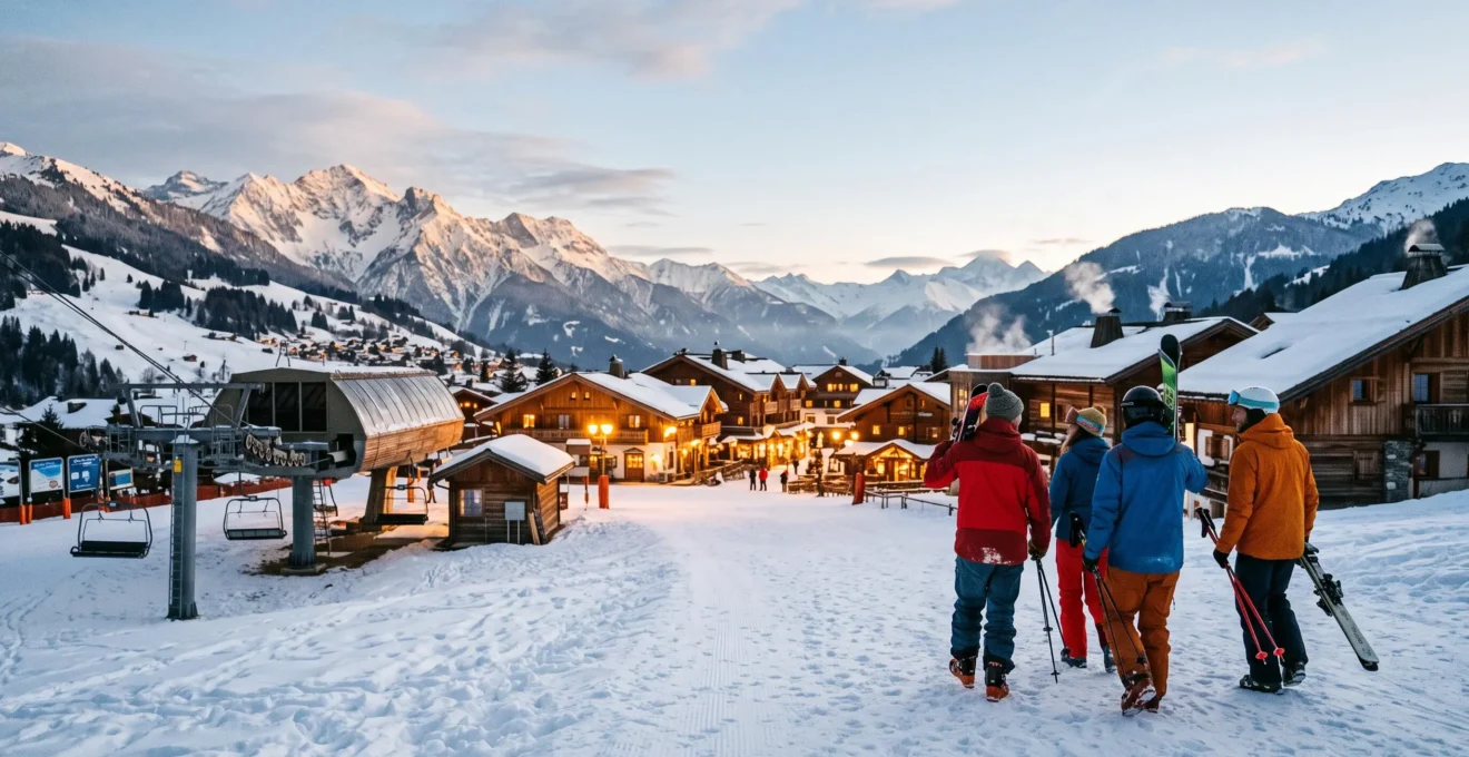 Skieurs quittant les pistes au coucher du soleil pour rejoindre un village de montagne illuminé