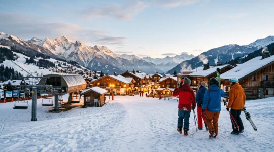 Skieurs quittant les pistes au coucher du soleil pour rejoindre un village de montagne illuminé