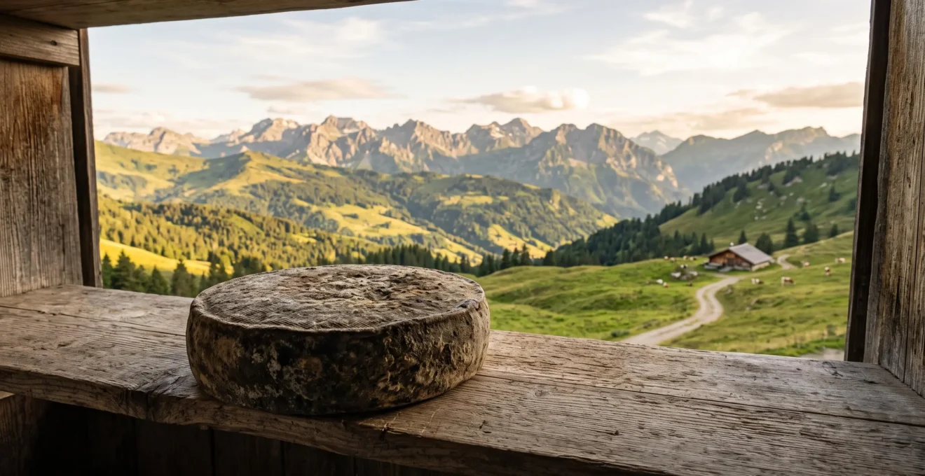 Meule de fromage de montagne posée sur une planche de bois brute face à un paysage alpin savoyard au lever du jour