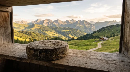Meule de fromage de montagne posée sur une planche de bois brute face à un paysage alpin savoyard au lever du jour
