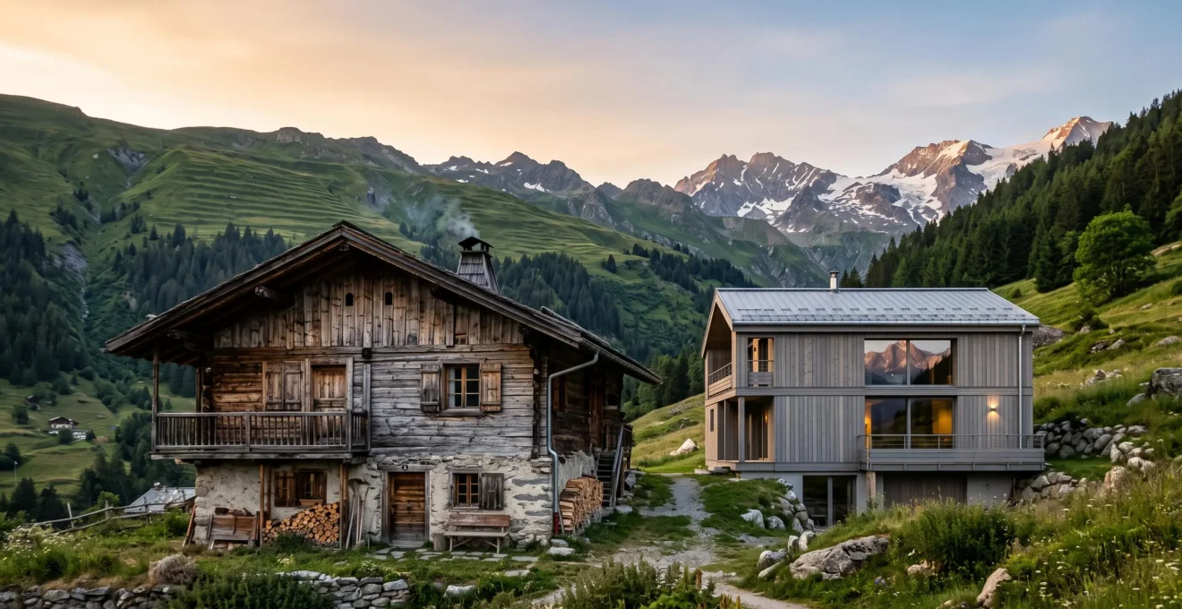 Comparaison visuelle entre un chalet savoyard authentique en bois patiné et pierre, et une construction moderne inspirée du style montagnard