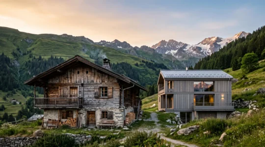Comparaison visuelle entre un chalet savoyard authentique en bois patiné et pierre, et une construction moderne inspirée du style montagnard