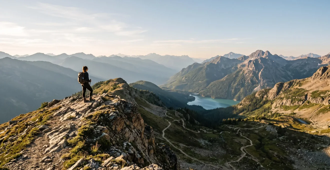 Randonneur solitaire contemplant un panorama de sommets alpins européens au lever du soleil, symbole de l'accessibilité des aventures outdoor en Europe