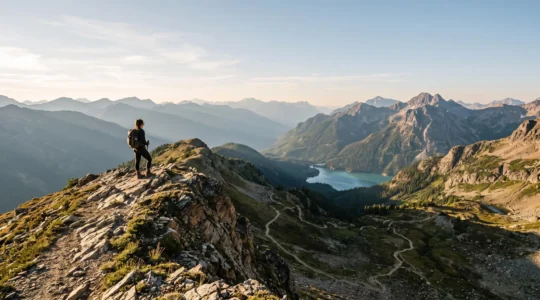 Randonneur solitaire contemplant un panorama de sommets alpins européens au lever du soleil, symbole de l'accessibilité des aventures outdoor en Europe