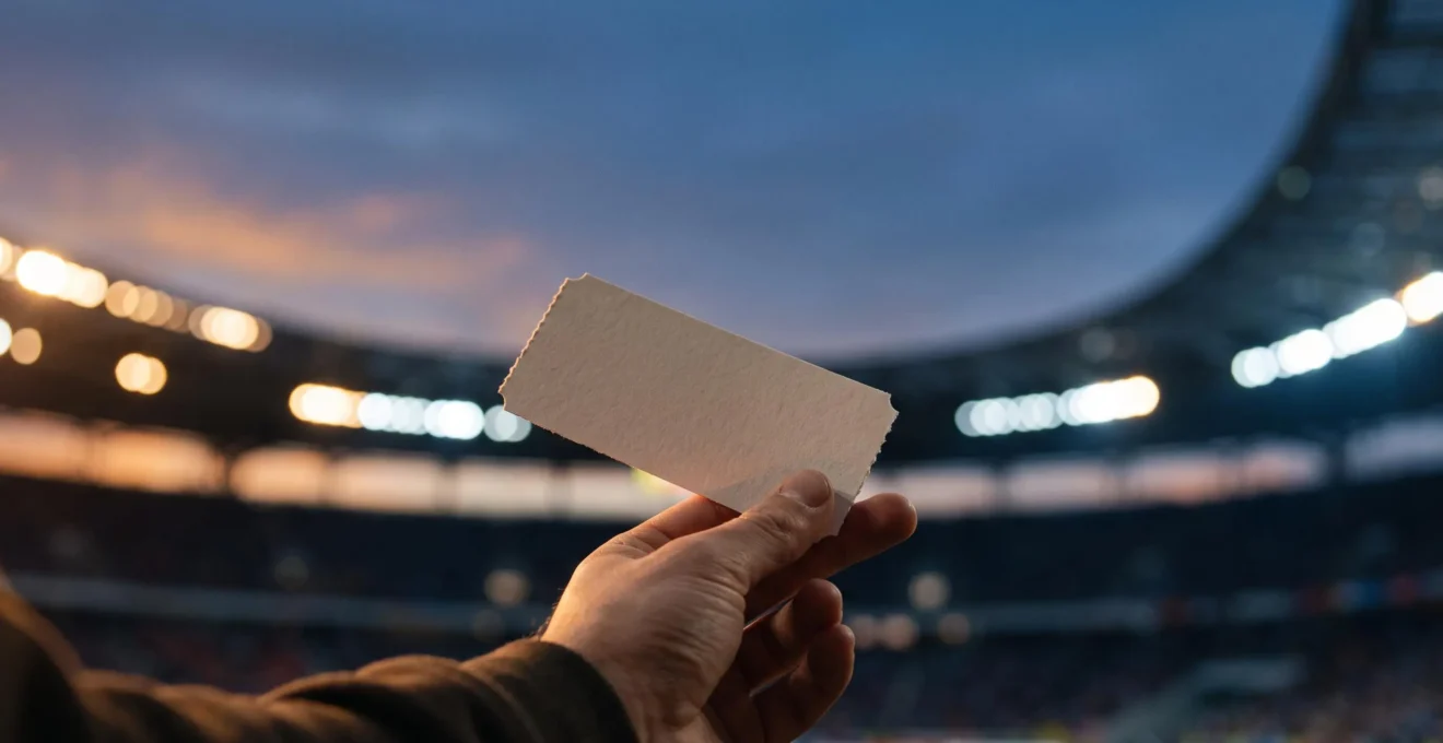 Billet vierge et abstrait tenu à la main devant les lumières floues d'un grand stade au crépuscule, symbolisant l'authenticité et la sécurité d'accès à un événement sportif.