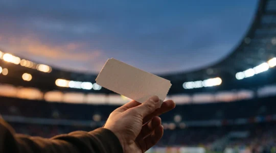 Billet vierge et abstrait tenu à la main devant les lumières floues d'un grand stade au crépuscule, symbolisant l'authenticité et la sécurité d'accès à un événement sportif.