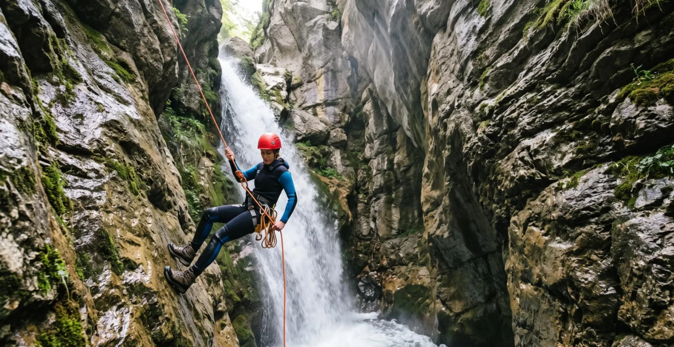 Un pratiquant de canyoning équipé d'un baudrier et d'un casque descend en rappel le long d'une cascade encaissée dans une gorge rocheuse.