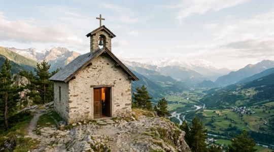 Facade en pierre sobre d'une chapelle alpine savoyarde se dressant sur un promontoire rocheux, contrastant avec la richesse baroque suggeree a l'interieur