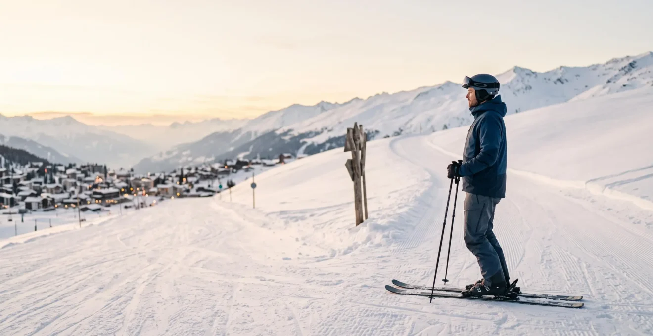 Skieur face à un carrefour de pistes enneigées symbolisant le choix d'un forfait ski adapté