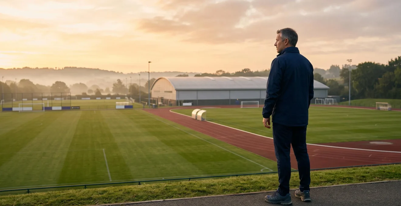 Un responsable de club observe un vaste complexe sportif au lever du jour avant de choisir le lieu de son stage d'entrainement.