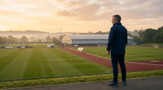 Un responsable de club observe un vaste complexe sportif au lever du jour avant de choisir le lieu de son stage d'entrainement.