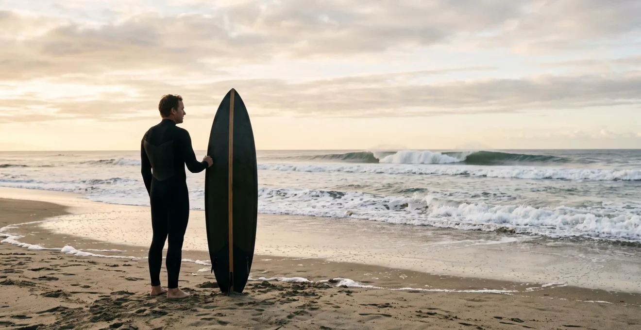Un surfeur observe l'océan et la taille des vagues avant de choisir son moment pour s'engager, illustrant l'analyse du niveau avant de surfer