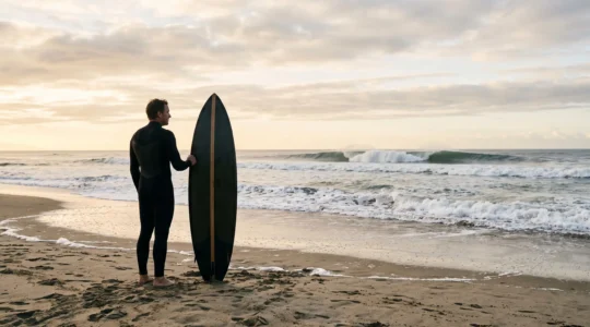 Un surfeur observe l'océan et la taille des vagues avant de choisir son moment pour s'engager, illustrant l'analyse du niveau avant de surfer