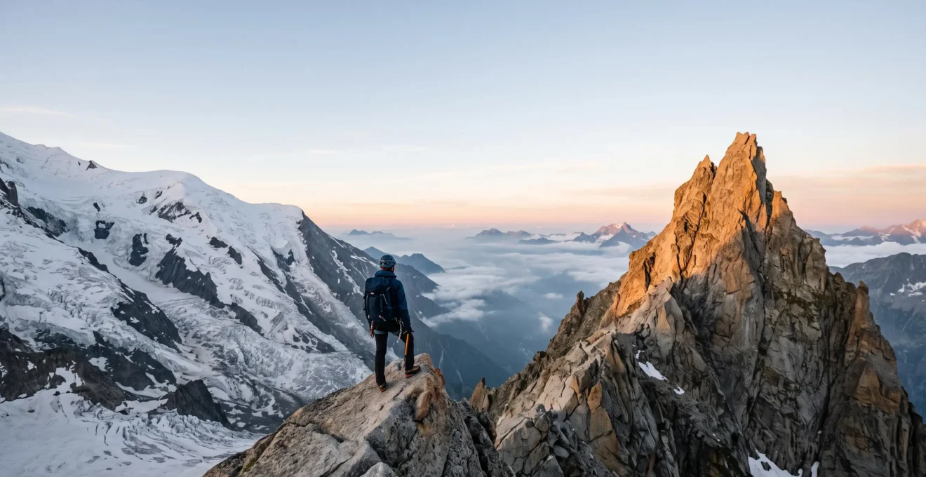 Alpiniste contemplant plusieurs sommets et glaciers alpins depuis une crête, symbolisant le choix d'un massif selon ses objectifs