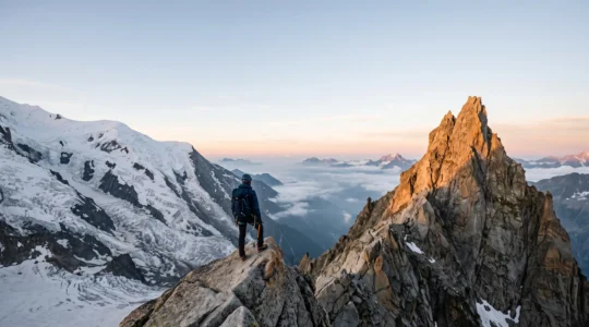 Alpiniste contemplant plusieurs sommets et glaciers alpins depuis une crête, symbolisant le choix d'un massif selon ses objectifs