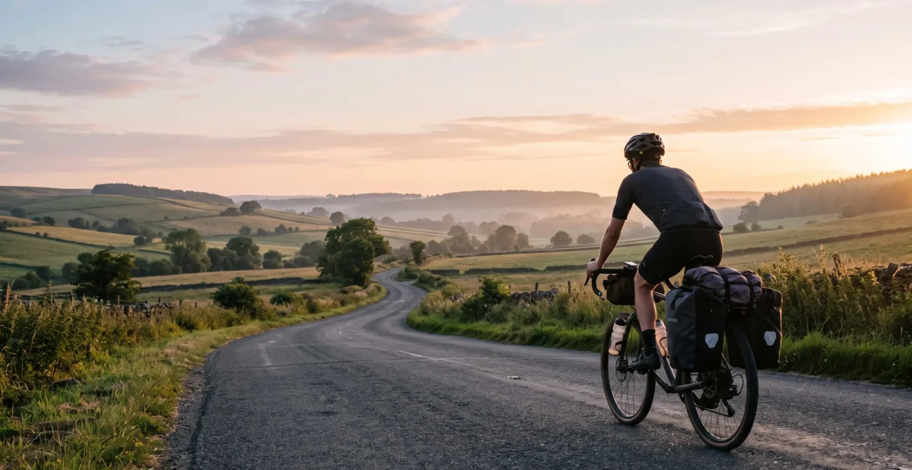 Cycliste solitaire chargé de sacoches roulant sur une route de campagne au lever du jour, symbole du premier voyage en cyclotourisme