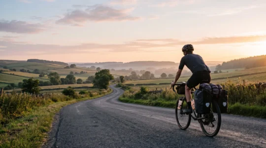 Cycliste solitaire chargé de sacoches roulant sur une route de campagne au lever du jour, symbole du premier voyage en cyclotourisme