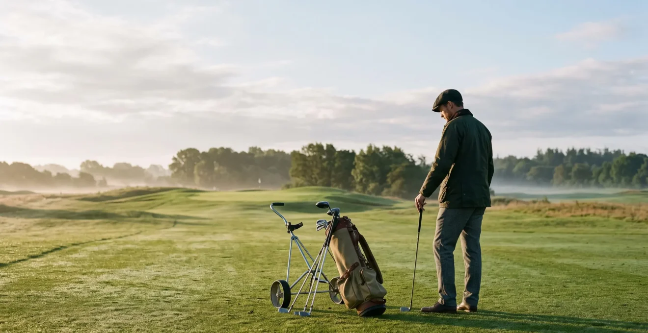 Golfeur seul et concentré sur un fairway au coucher du soleil, symbolisant la maîtrise mentale sur 18 trous