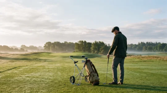 Golfeur seul et concentré sur un fairway au coucher du soleil, symbolisant la maîtrise mentale sur 18 trous