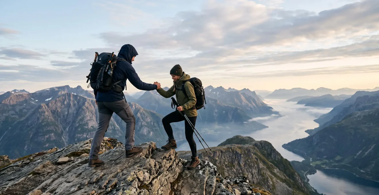 Couple en randonnée sportive tenant les mains face à un panorama de montagne au lever du soleil, symbole de reconnexion active