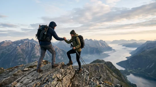 Couple en randonnée sportive tenant les mains face à un panorama de montagne au lever du soleil, symbole de reconnexion active