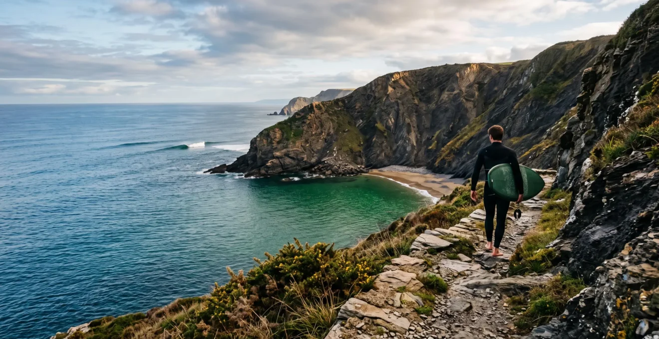 Surfeur seul face à une crique rocheuse préservée de la côte basque au lever du jour, loin de la foule estivale