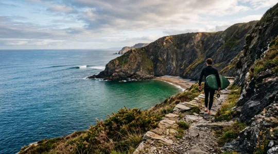 Surfeur seul face à une crique rocheuse préservée de la côte basque au lever du jour, loin de la foule estivale