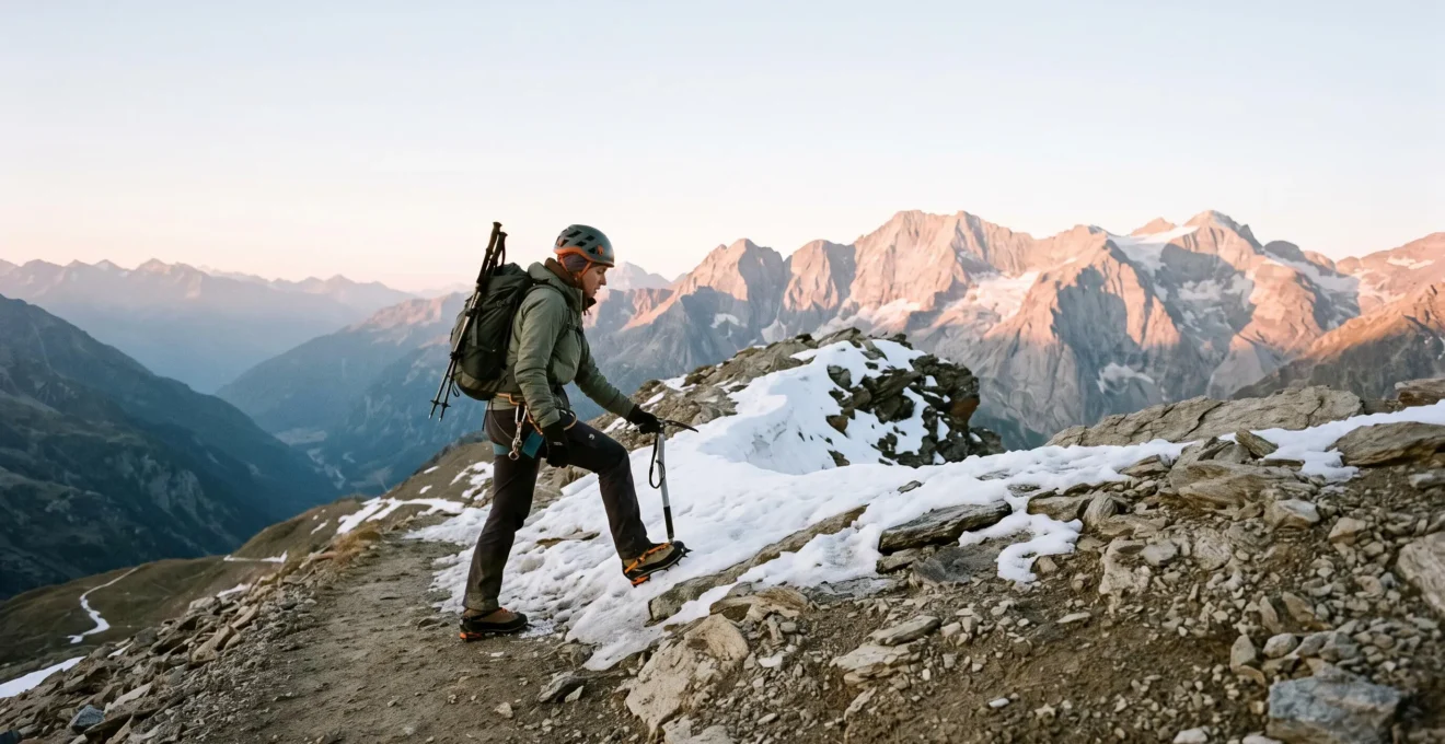Un marcheur equipe d'un piolet et de crampons s'engage sur une arete mixte neige et rocher, symbole du passage de la randonnee a l'alpinisme technique
