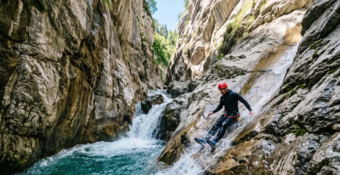 Un canyoneur glisse sur un toboggan naturel creuse dans la roche d'un canyon alpin, entoure de parois rocheuses et d'une eau turquoise.
