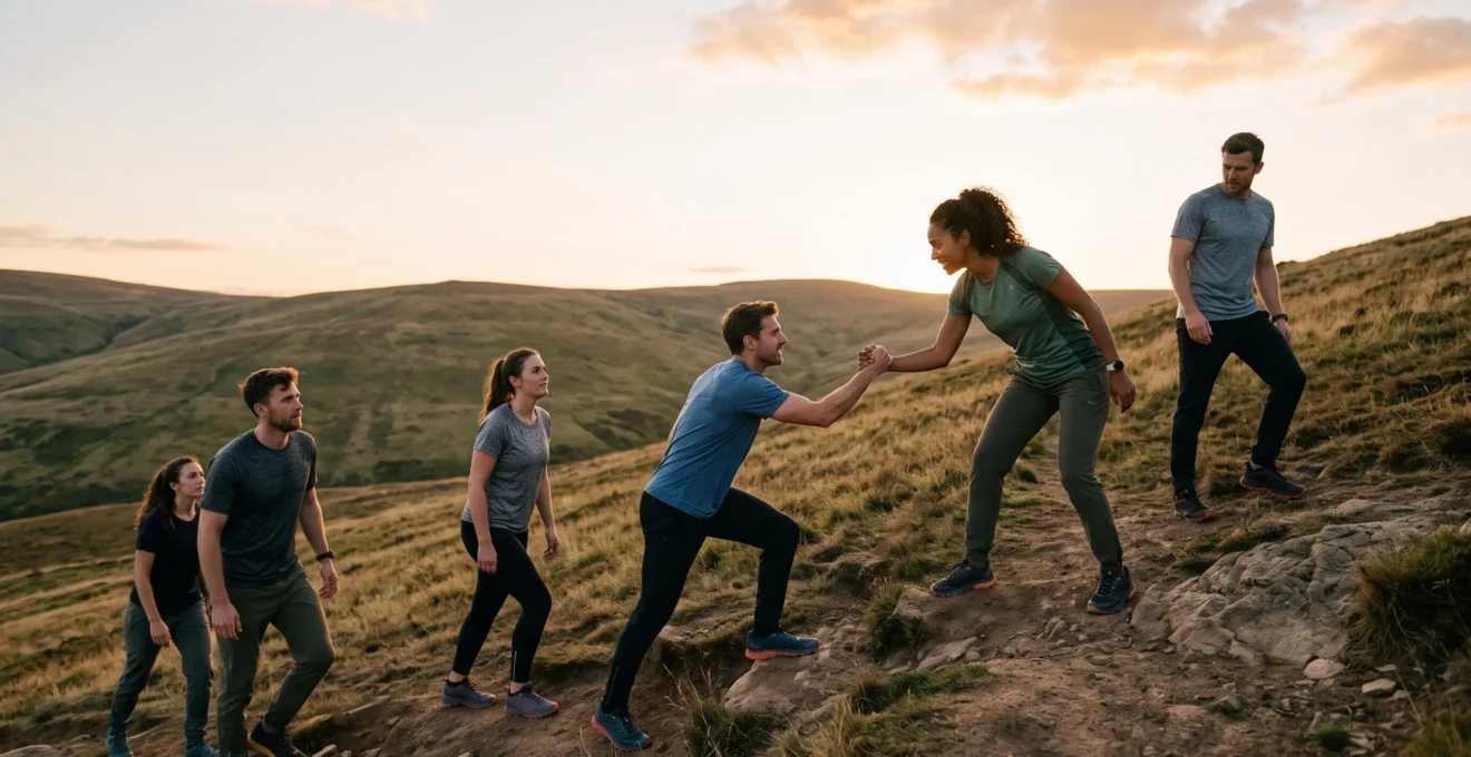 Groupe de collegues en tenue de sport s'entraidant pour gravir un sentier au lever du soleil, symbole de cohesion d'equipe durable
