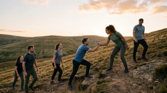 Groupe de collegues en tenue de sport s'entraidant pour gravir un sentier au lever du soleil, symbole de cohesion d'equipe durable