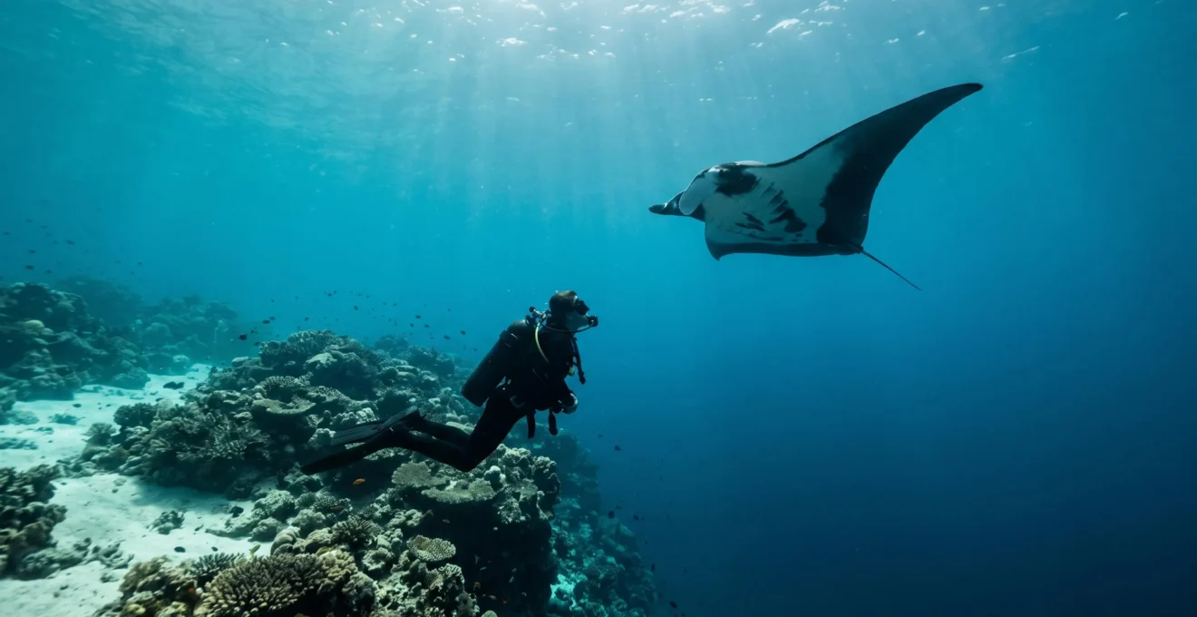 Plongeur observant une raie manta au-dessus d'un recif corallien turquoise aux Maldives