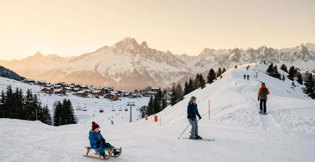 Famille multigenerationnelle pratiquant differentes disciplines de glisse (ski, raquette, luge) en montagne au coucher du soleil