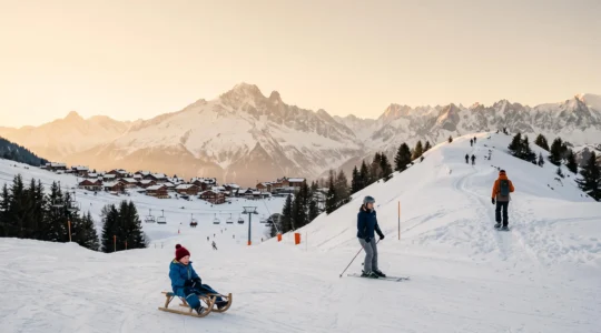 Famille multigenerationnelle pratiquant differentes disciplines de glisse (ski, raquette, luge) en montagne au coucher du soleil