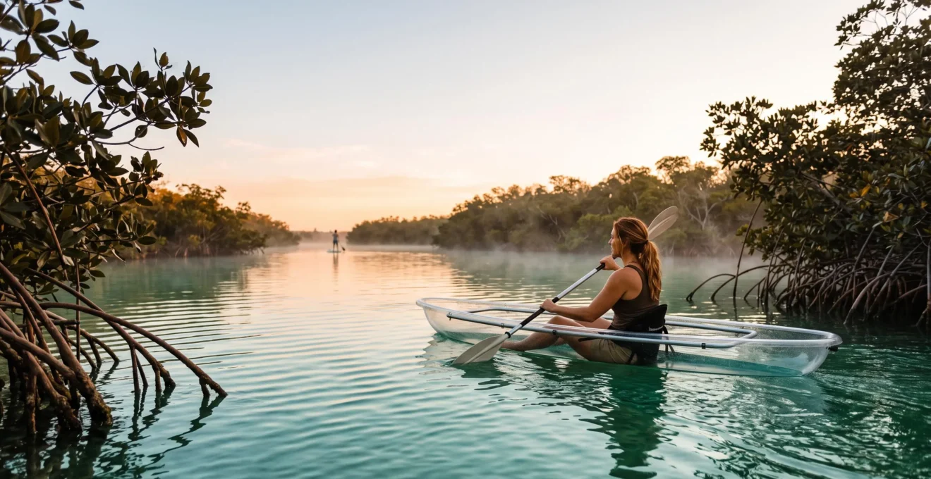 Kayak translucide glissant dans une mangrove turquoise en Floride au lever du soleil, illustrant un voyage sportif de 15 jours entre parcs et plages