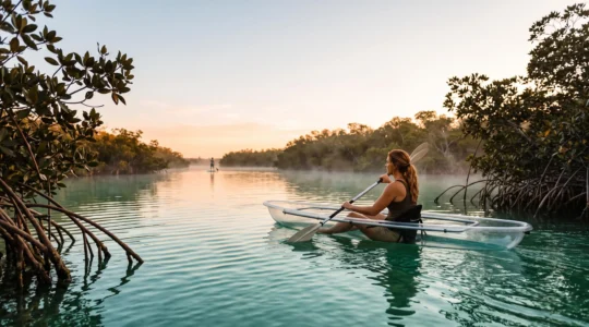 Kayak translucide glissant dans une mangrove turquoise en Floride au lever du soleil, illustrant un voyage sportif de 15 jours entre parcs et plages