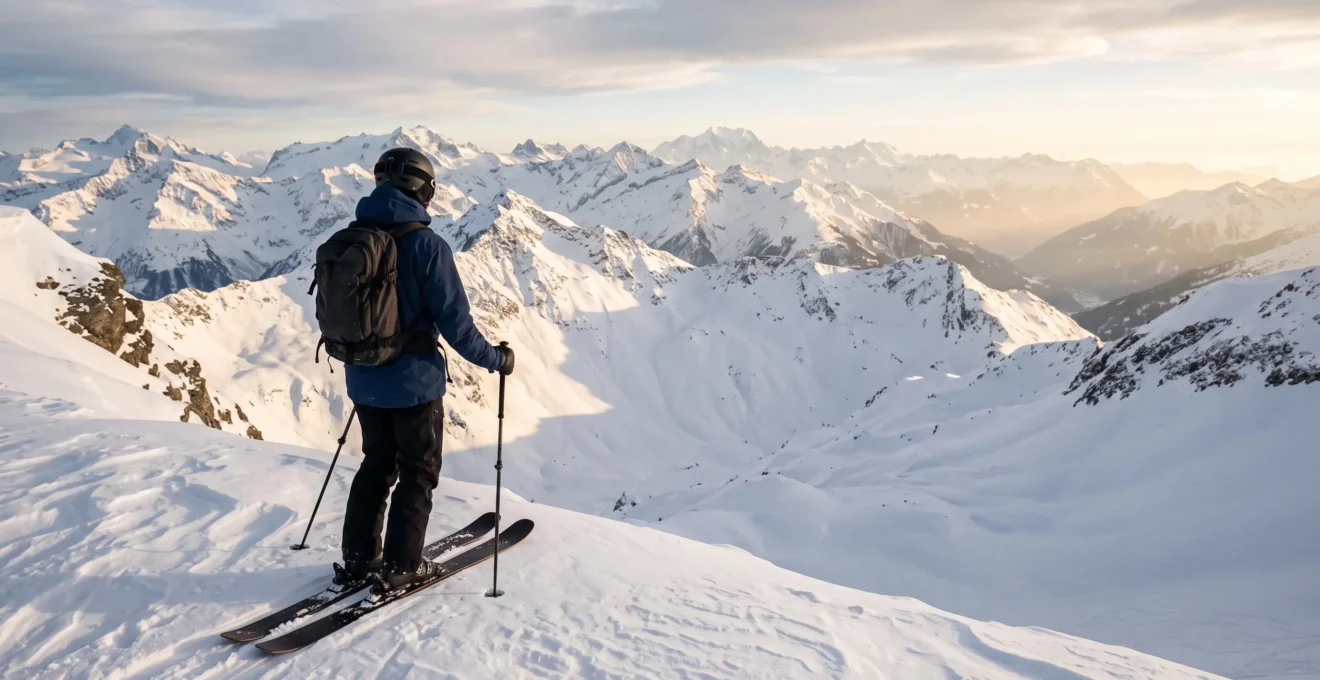 Un freerider observe une pente vierge de neige poudreuse avant de s'engager, symbolisant la reflexion necessaire avant chaque descente hors-piste.