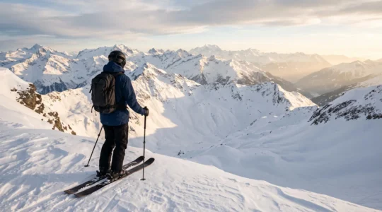 Un freerider observe une pente vierge de neige poudreuse avant de s'engager, symbolisant la reflexion necessaire avant chaque descente hors-piste.