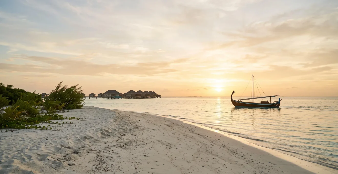 Lagon turquoise des Maldives au coucher du soleil avec un bateau traditionnel dhoni voguant vers une villa sur pilotis