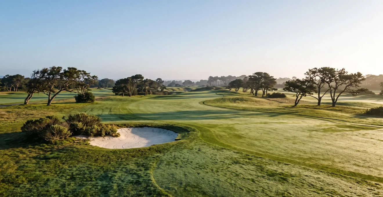 Fairway sinueux d'un parcours de golf mythique baigne par la lumiere doree du soir, sans aucun joueur visible