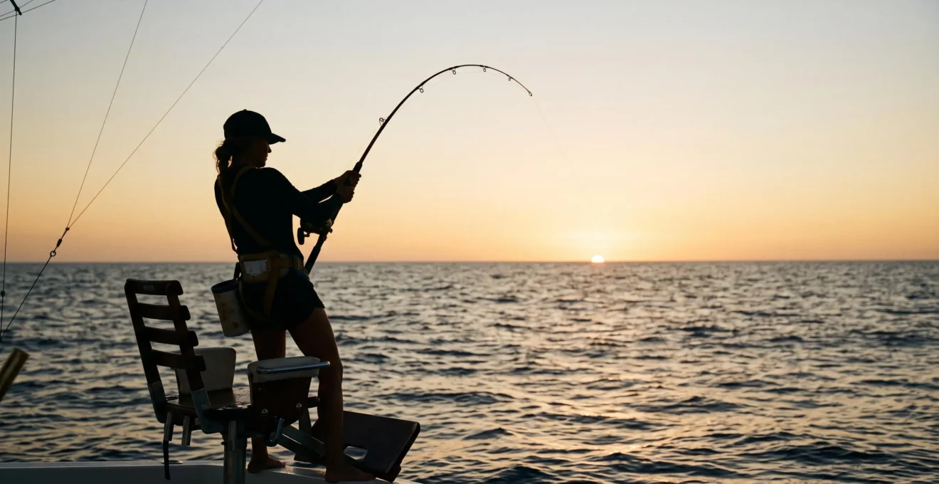 Pêcheur en plein combat avec une grosse prise au lever du soleil sur un bateau de pêche au gros en haute mer