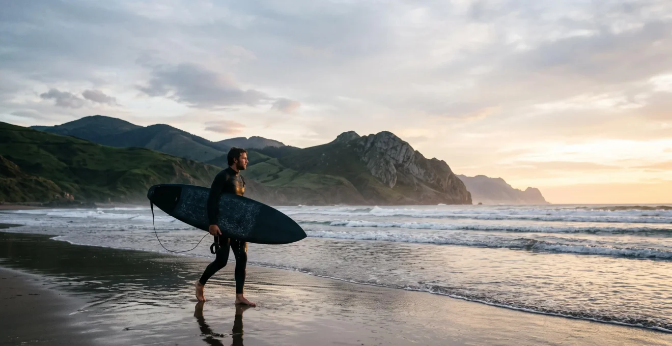 Un surfeur regagnant la plage au crepuscule avec en arriere-plan les collines verdoyantes du Pays basque, symbole de l'equilibre entre ocean et montagne.