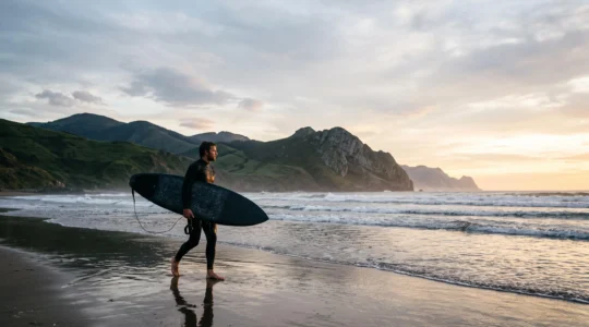 Un surfeur regagnant la plage au crepuscule avec en arriere-plan les collines verdoyantes du Pays basque, symbole de l'equilibre entre ocean et montagne.
