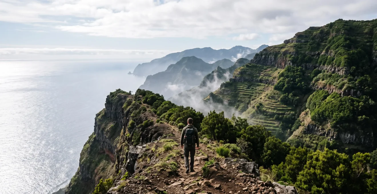 Vue panoramique d'un sentier de randonnée sur une crête verdoyante de Madère surplombant l'océan Atlantique