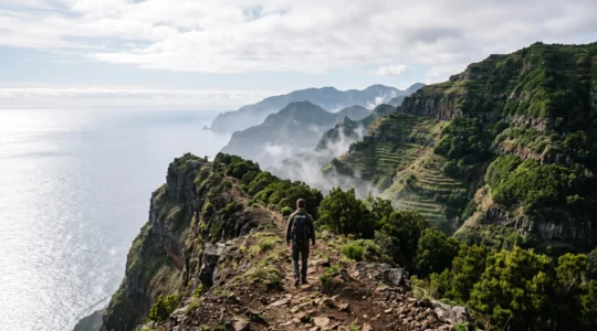 Vue panoramique d'un sentier de randonnée sur une crête verdoyante de Madère surplombant l'océan Atlantique