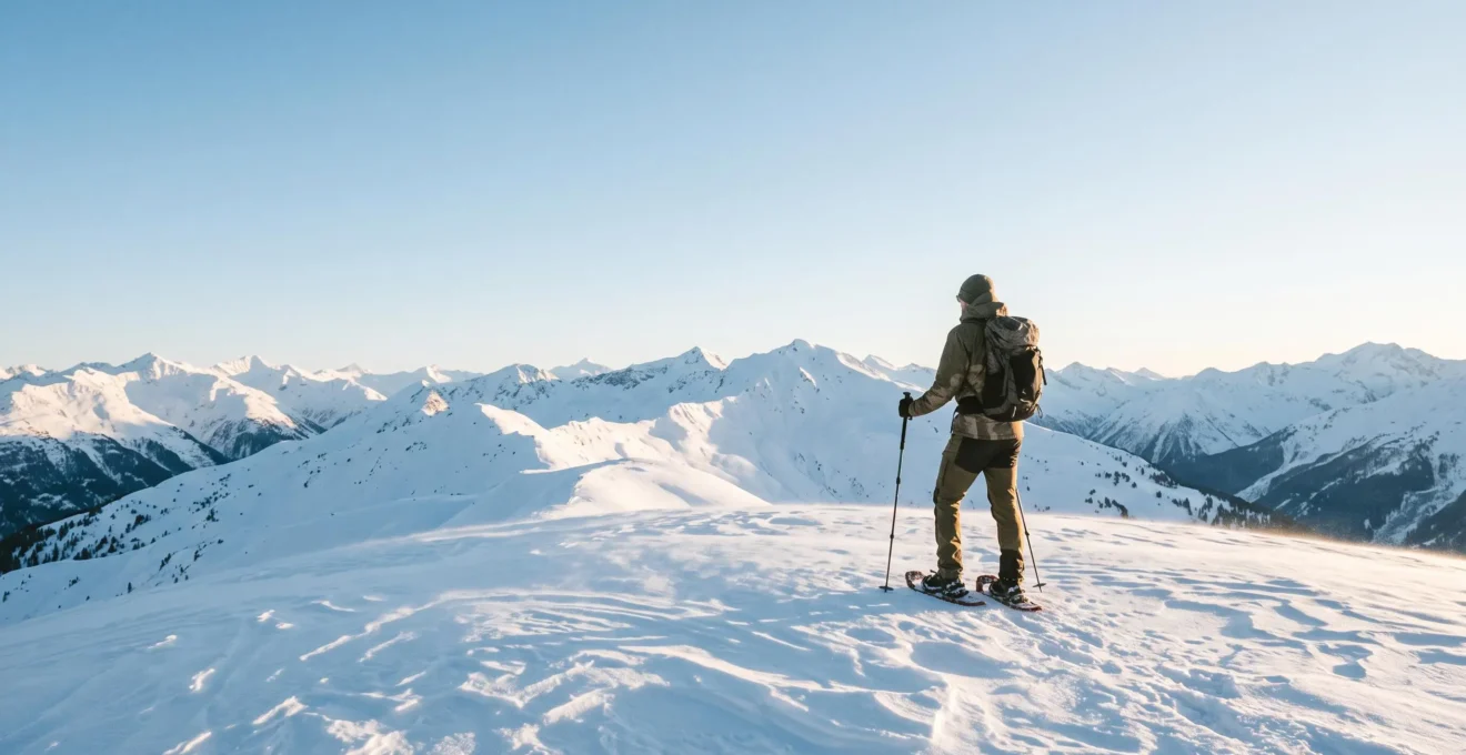 Randonneur en raquettes contemplant un panorama de sommets enneigés, sans avoir besoin de savoir skier