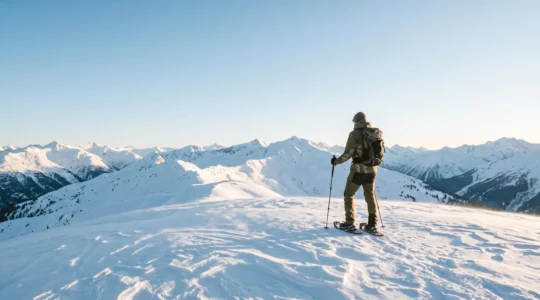 Randonneur en raquettes contemplant un panorama de sommets enneigés, sans avoir besoin de savoir skier