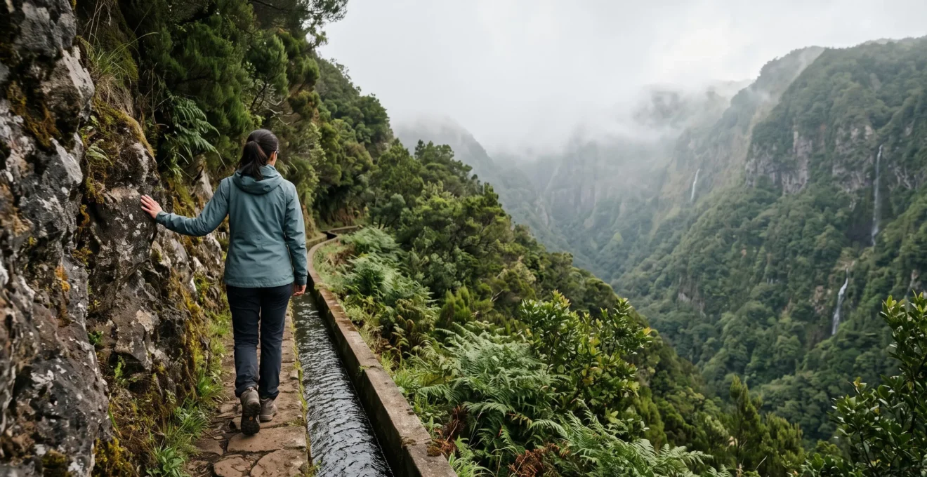 Randonneur avançant prudemment sur un sentier étroit de levada à flanc de falaise à Madère, illustrant le défi du vertige en randonnée