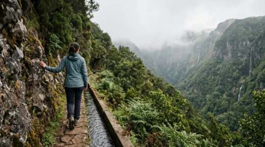 Randonneur avançant prudemment sur un sentier étroit de levada à flanc de falaise à Madère, illustrant le défi du vertige en randonnée