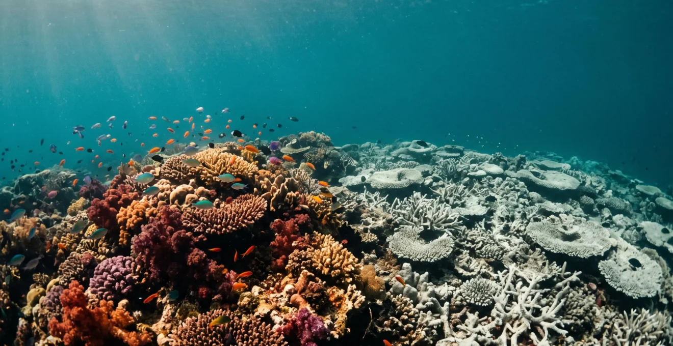 Vue d'un recif corallien multicolore contrastant avec une zone blanchie, symbole de la fragilite des oceans